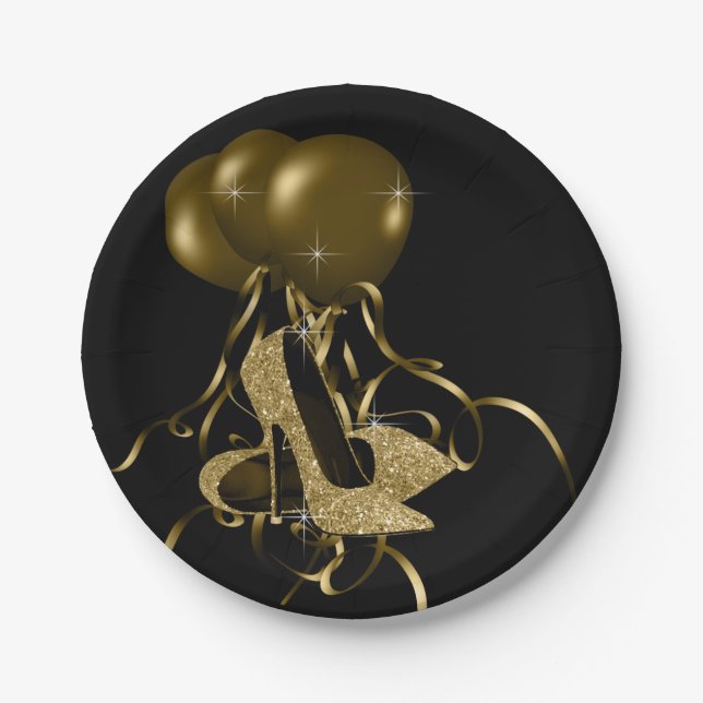 Plato De Papel Purpurina de oro negro de tacones altos zapatos cu (Anverso)