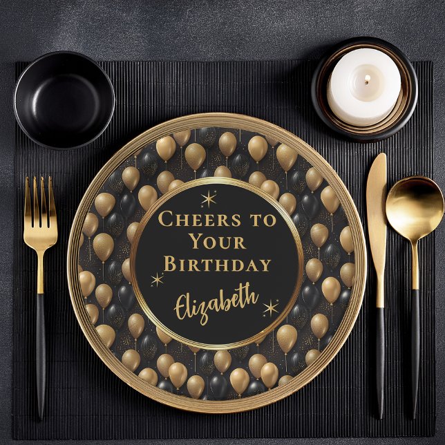 Plato De Papel Purpurina de oro negro Globos Saludos de cumpleaño (Elegant Black and Gold Faux Glitter Balloons A024" Cheers to Your Birthday" [Name] Paper Plates)