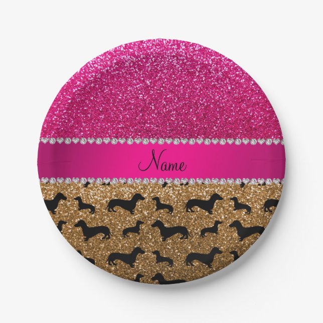 Plato De Papel Purpurina de oro nombre dachshunds purpurina rosa (Anverso)