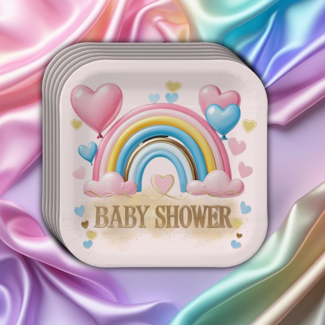 Plato De Papel Purpurina de oro Pastel Hearts y Rainbow Baby Show (Subido por el creador)