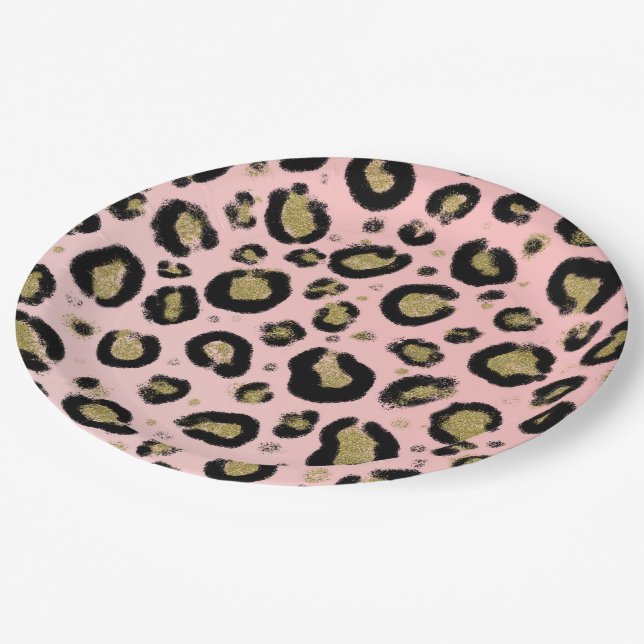 Plato De Papel Purpurina de oro rosa y Baby Shower de leopardo ne (Angular)