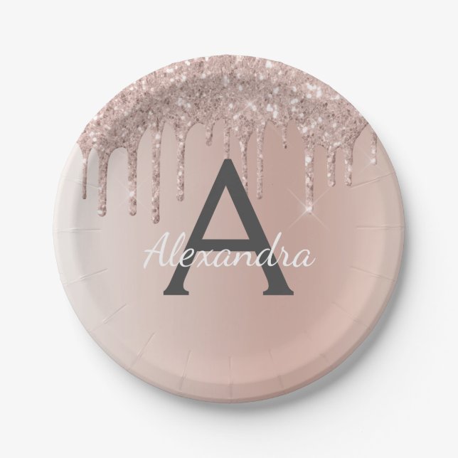 Plato De Papel Purpurina de oro rosa y espuma Monograma cumpleaño (Anverso)