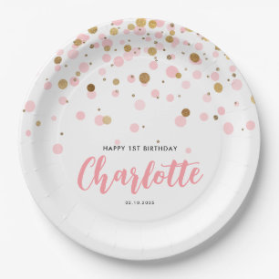 Plato De Papel Purpurina de oro rosado lindo Confetti puntos niño