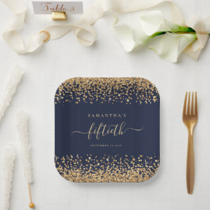 Plato De Papel Purpurina de oro Script Marina Blue Glam 50 Fiesta