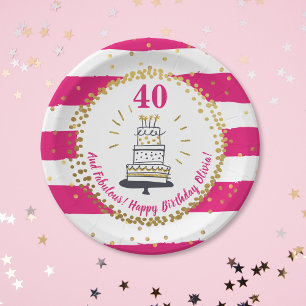 Plato De Papel Purpurina de oro Stripe Rosa Cualquier Edad Feliz 
