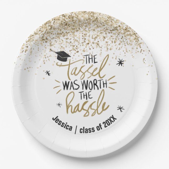 Plato De Papel Purpurina de oro Tassel Worth the Hassle Graduatio (Anverso)