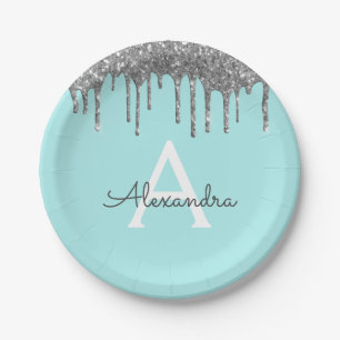 Plato De Papel Purpurina de plata azul verde azulado Monograma Cu