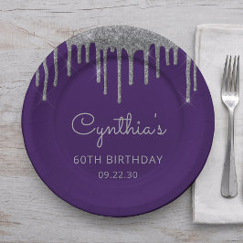 Plato De Papel Purpurina de plata Drip Purple 60 cumpleaños