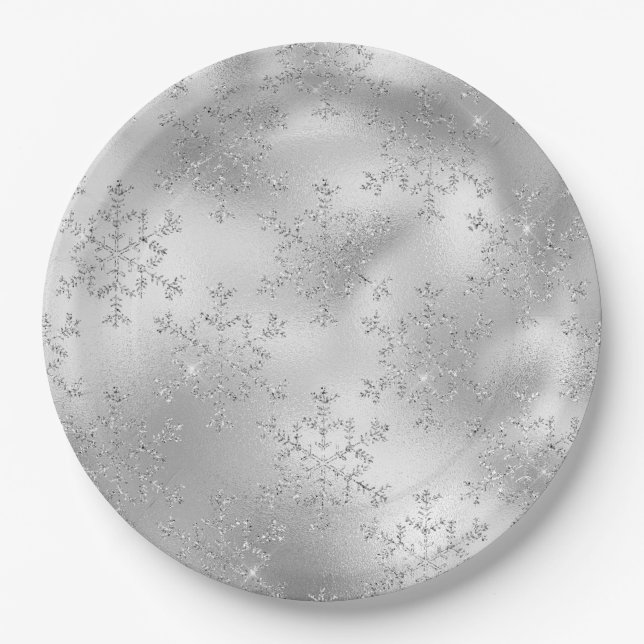 Plato De Papel Purpurina de plata Glitzy Snowflakes (Anverso)