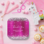 Plato De Papel Purpurina de Plata Hot Pink 21st Birthday Gracias<br><div class="desc">Crea tu propia purpurina de plata de glamur glamuroso y brillante Relieve metalizado rosa caliente gracias a los platos de papel cuadrado de 7" por su celebración especial de fiesta de 21 años. Girly finge un purpurina brillante y plateado en el borde superior e inferior, sobre un falso Relieve metalizado...</div>