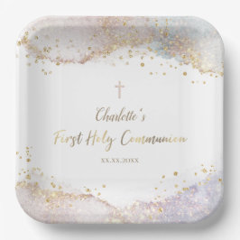 Plato De Papel purpurina de salpicaduras de acuarela Primera Comu