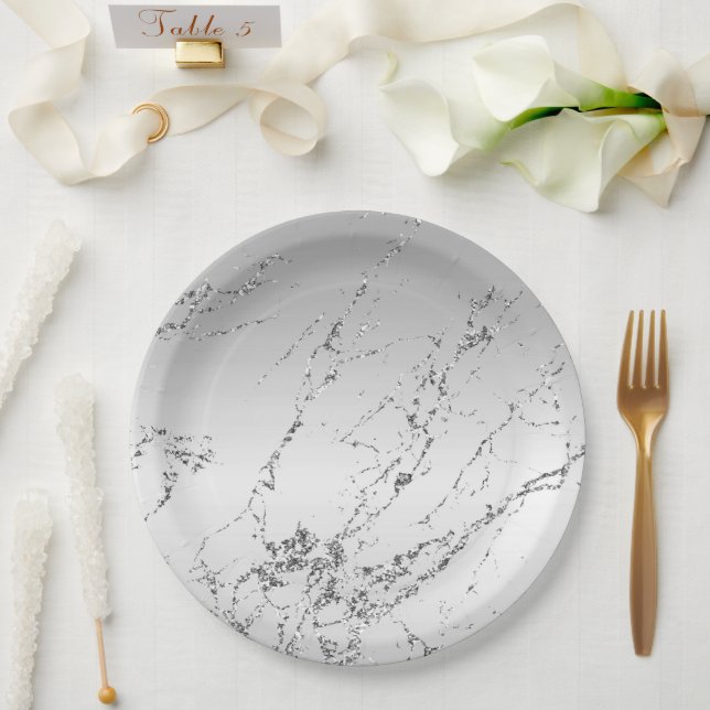 Plato De Papel Purpurina de Silver Marble Glam (Boda)