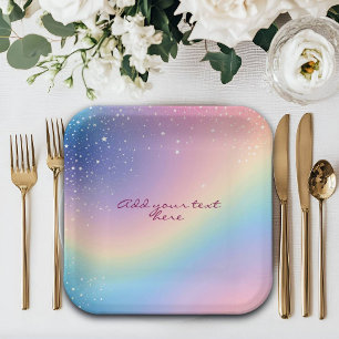 Plato De Papel Purpurina de unicornio arcoiris