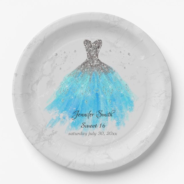 Plato De Papel Purpurina De Vestido Azul Turquesa Dieciséis (Anverso)
