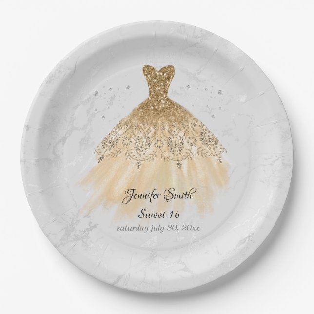 Plato De Papel Purpurina de vestido de oro dulce dieciséis (Anverso)