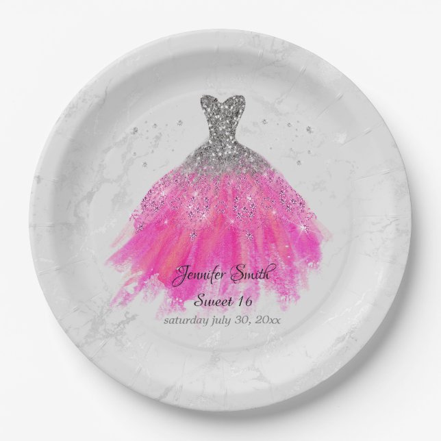 Plato De Papel Purpurina De Vestido De Oro Rosa Dulce Dieciséis (Anverso)