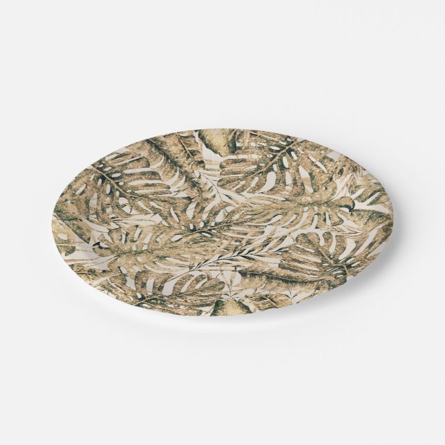 Plato De Papel Purpurina dorado de bronce Palm Tropical Boda (Angular)
