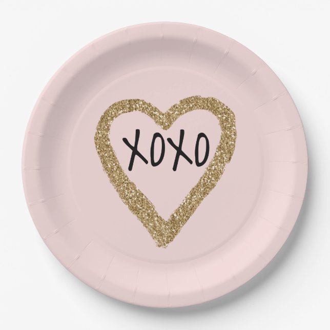 Plato De Papel Purpurina dorado Heart XOXO (Anverso)