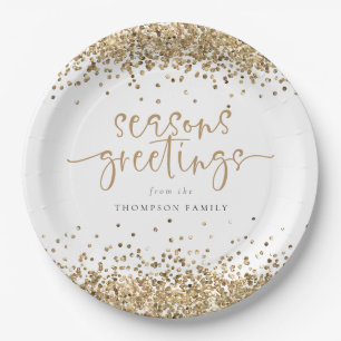 Plato De Papel Purpurina Dorado Seasons Greetings Navidades