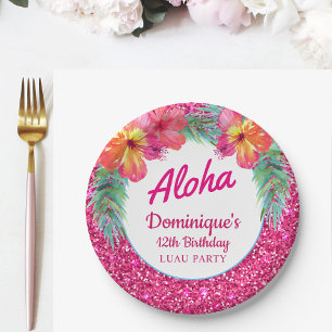 Plato De Papel Purpurina Fiesta Aloha Luau Tropical Hibiscus