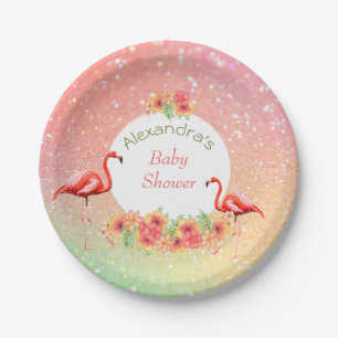 Plato De Papel Purpurina Flamingo Tropical Baby Shower Floral