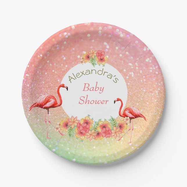 Plato De Papel Purpurina Flamingo Tropical Baby Shower Floral (Anverso)