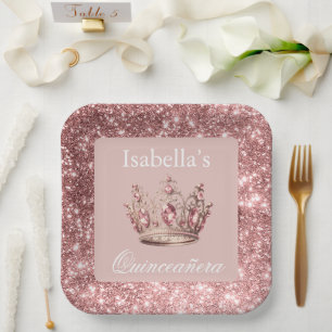 Plato De Papel Purpurina floral rosa Rubor Tiara Crown Quinceañer