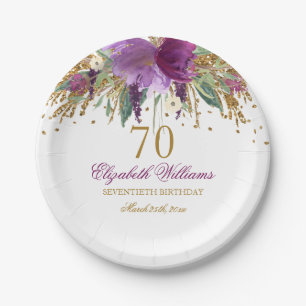 Plato De Papel Purpurina floral Sparkling Amethyst 70th Birthday