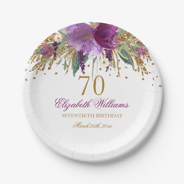 Plato De Papel Purpurina floral Sparkling Amethyst 70th Birthday (Anverso)