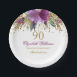 Plato De Papel Purpurina floral Sparkling Amethyst 90th Birthday<br><div class="desc">Colección de cumpleaños coincidente en la tienda Little Bayleigh!</div>