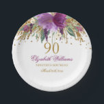 Plato De Papel Purpurina floral Sparkling Amethyst 90th Birthday<br><div class="desc">Colección de cumpleaños coincidente en la tienda Little Bayleigh!</div>