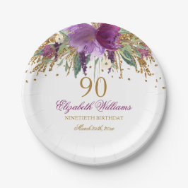 Plato De Papel Purpurina floral Sparkling Amethyst 90th Birthday