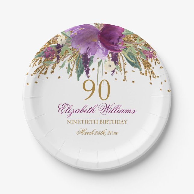 Plato De Papel Purpurina floral Sparkling Amethyst 90th Birthday (Anverso)