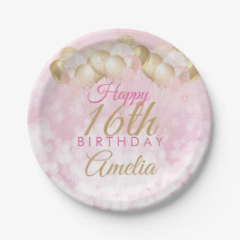Plato De Papel Purpurina Girly Pink Globos 16 cumpleaños