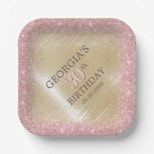Plato De Papel Purpurina Glam Rosa Gold Cumpleaños