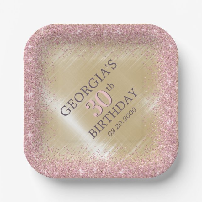 Plato De Papel Purpurina Glam Rosa Gold Cumpleaños (Anverso)