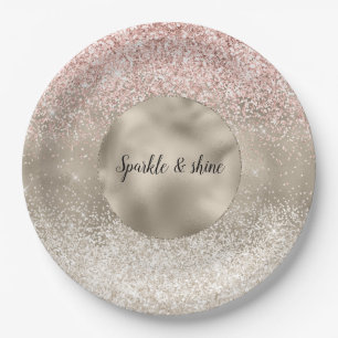 Plato De Papel Purpurina Glitzy Blanco Rosa de Oro Champagne