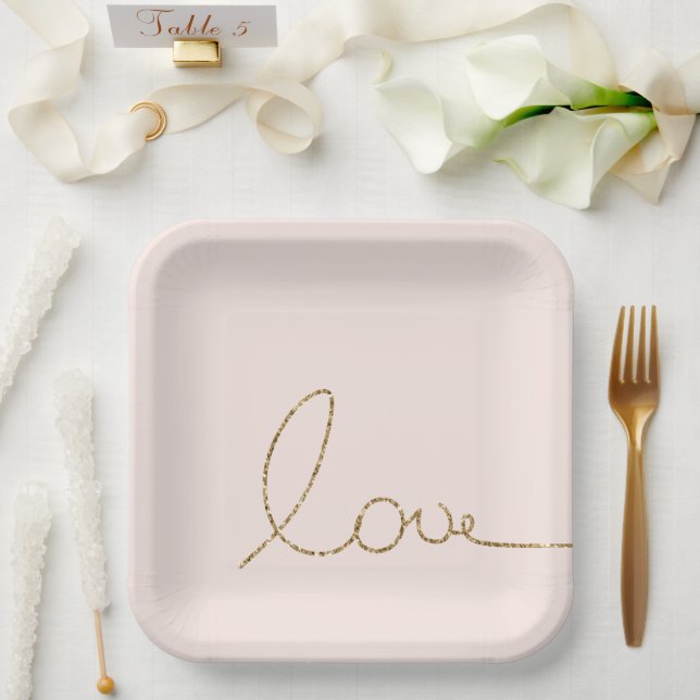 Plato De Papel Purpurina Gold Love Rubor Pink Shell (Boda)