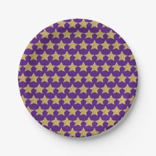 Plato De Papel Purpurina Gold Stars Purple