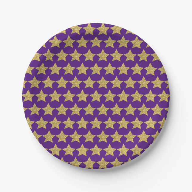 Plato De Papel Purpurina Gold Stars Purple (Anverso)