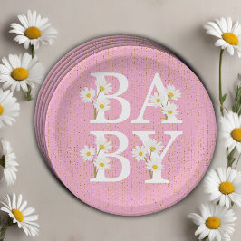 Plato De Papel Purpurina Golden Daisy Rosa Glow Baby Shower