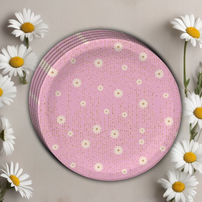Plato De Papel Purpurina Golden Daisy Rosa Glow Baby Shower (Subido por el creador)