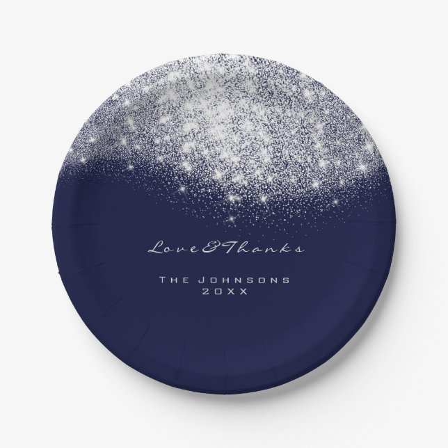 Plato De Papel Purpurina gris blanco Cumpleaños Marina Azul  16 B (Anverso)