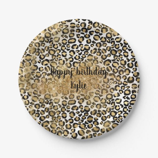 Plato De Papel Purpurina Leopard Print Gold (Anverso)