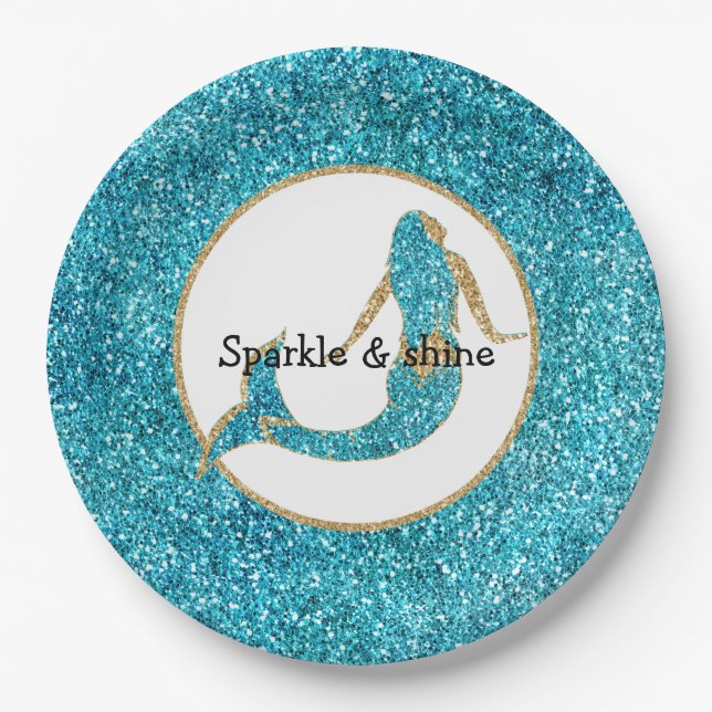 Plato De Papel Purpurina Mermaid Aqua Gold Glitz (Anverso)