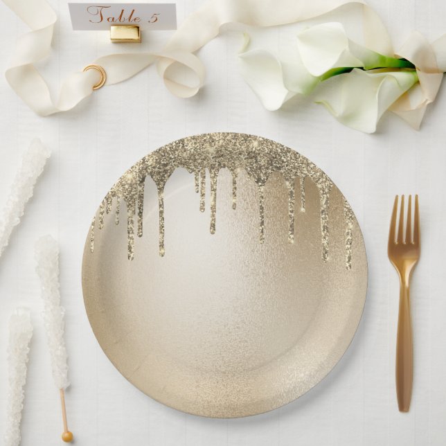 Plato De Papel Purpurina metálico de oro Drip Elegant  (Boda)