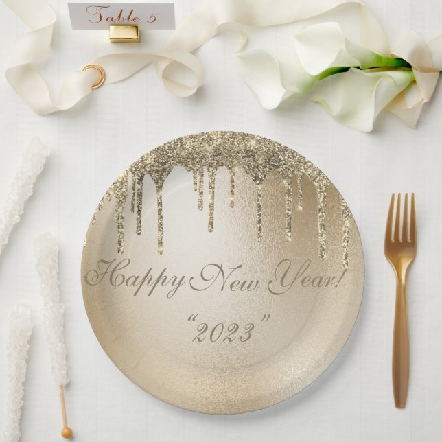 Plato De Papel Purpurina metálico de oro Drip elegante Año Nuevo  (Boda)