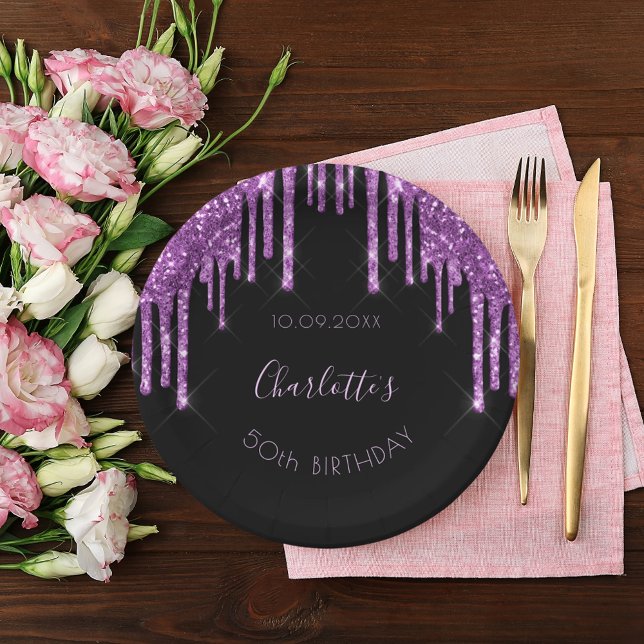 Plato De Papel Purpurina morado negro de cumpleaños monograma luj (Subido por el creador)