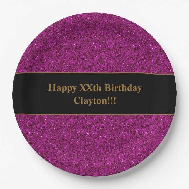 Plato De Papel Purpurina morado personalizado con fiesta de cumpl (Anverso)