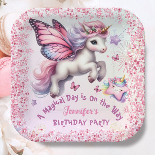 Plato De Papel Purpurina morado rosado de unicornio Chica de cump